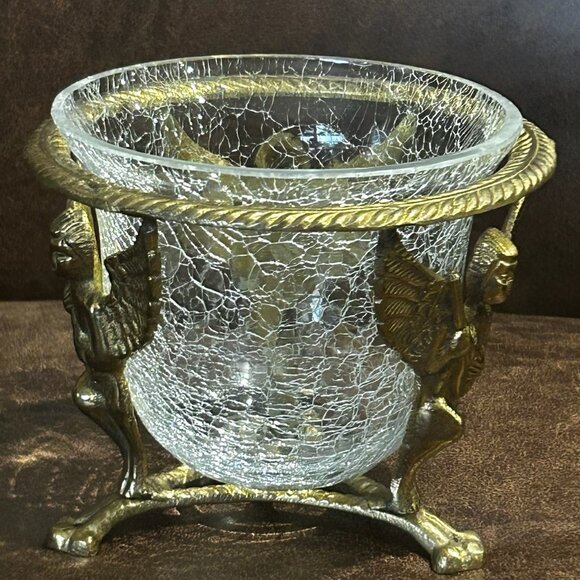 Vintage 3 Leg Brass Cherubs Cupid Pedestal Stand With Crackle Glass Bowl - Picture 4 of 16